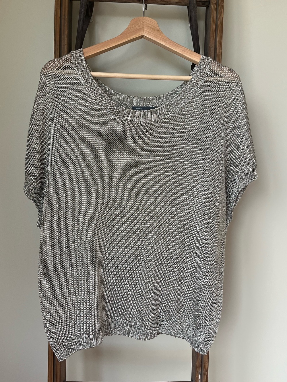 VINCE Silver Metallic Short-Sleeve Knit Sweater- Size Small